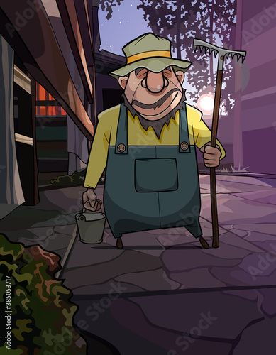 cartoon male gardener with a bucket and a rake stands in the yard