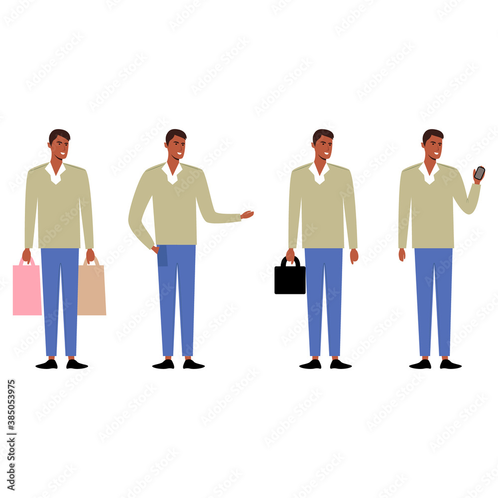 
The concept of a successful young man in fashionable clothes with modern technology. Flat vector illustration in cartoon style. A guy with purchases, at work, with a phone, with a briefcase. 