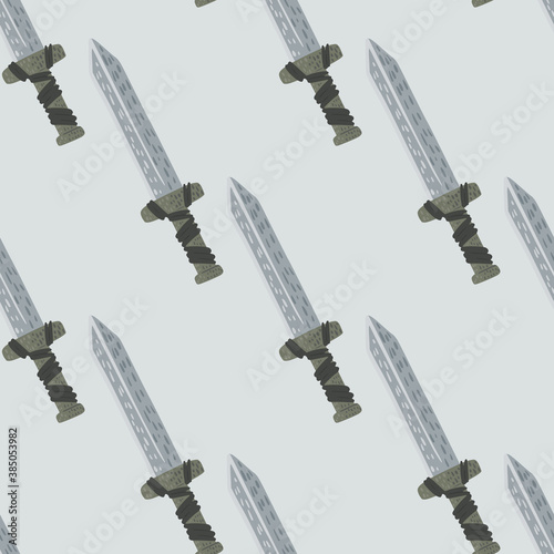 Minimalistic seamless pattern with sword ornament. Hand drawn grey palettte backdrop in middle ages style.