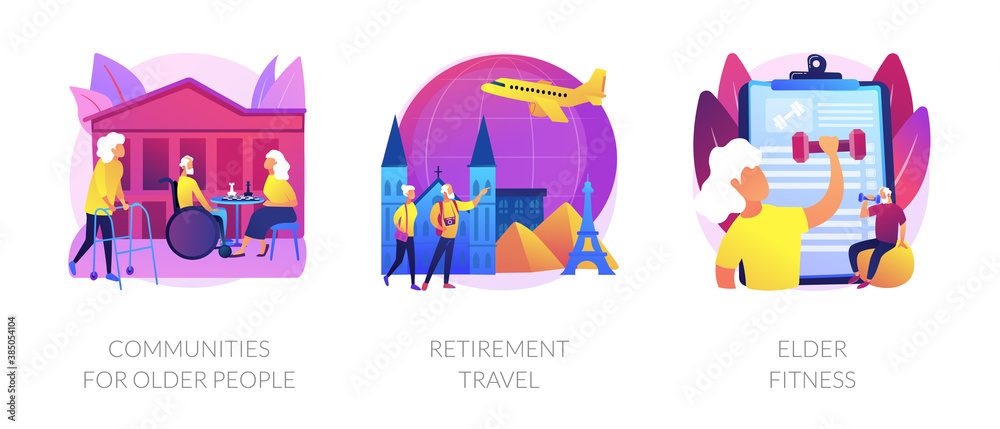 Senior people care metaphors. Communities for pensioners, retirement travel, elderly fitness. Old people support services. Nursery home. Vector isolated concept metaphor illustrations.