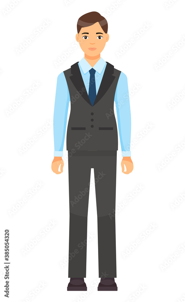 Isolated cartoon character businessman wearing stylish coat, vest and trousers, blue tie. Man in blue shirt. Business person style. Dresscode of office worker. Brown-haired guy, cloth element Isolated cartoon character businessman wearing stylish coat, vest and trousers, blue tie. Man in blue shirt. Business person style. Dresscode of office worker. Brown-haired guy, cloth element