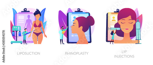 Beauty procedures abstract concept vector illustration set. Liposuction and rhinoplasty, filler lip injection, plastic surgery and body contouring, improve aesthetic appearance abstract metaphor.