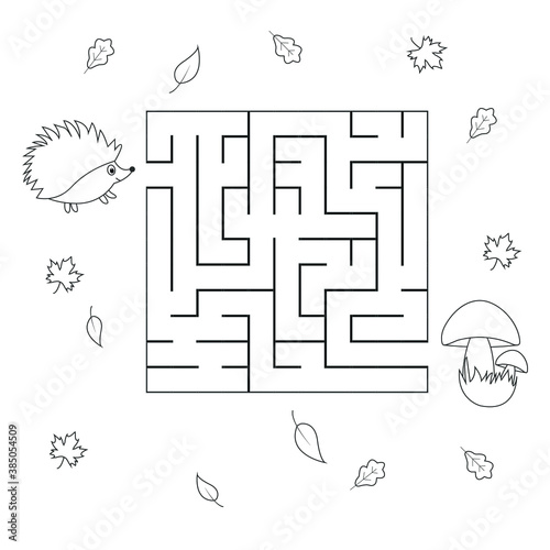 Maze game for kids with cute Hedgehog and mushrooms.Outline.Black and white vector illustration for coloring book