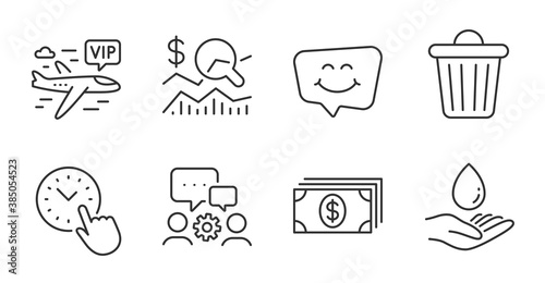 Banking, Vip flight and Engineering team line icons set. Water care, Trash bin and Smile chat signs. Check investment, Time management symbols. Money payment, Charter airplane, Teamwork. Vector
