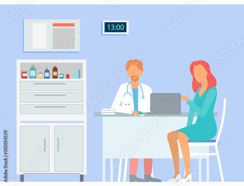 Woman patient consulting with doctor. Therapist or physician sit at table communicating with patient. Doctor reception in clinic. Diagnostic and consultation. Meeting patient and doctor in hospital