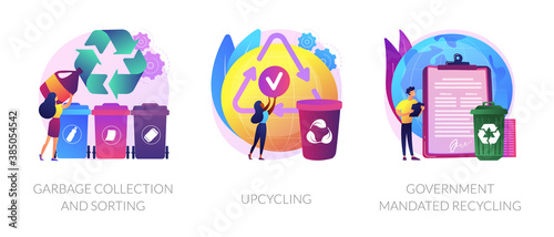 Waste collection and recycling problems abstract concept vector illustration set. Garbage sorting, upcycling, government mandated recycling, household disposal, creative reuse abstract metaphor.