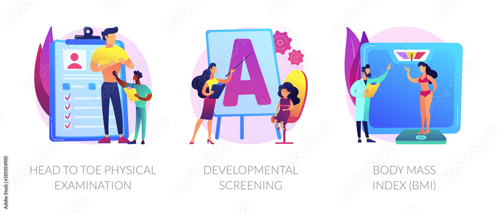 Obraz General health check up icons cartoon set. Head to toe physical examination, developmental screening, Body Mass Index BMI metaphors. Vector isolated concept metaphor illustrations.