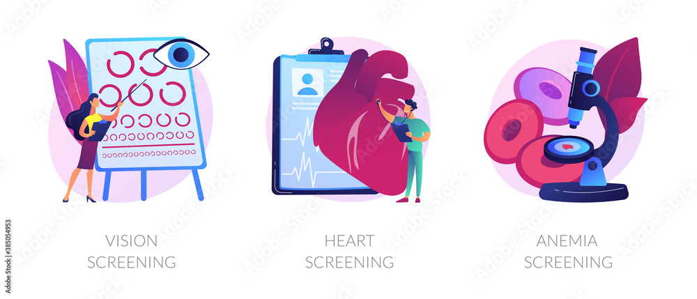 Health condition diagnostics. Laboratory blood analysis. Medical lab testing. Vision screening, hearing screening, anemia screening metaphors. Vector isolated concept metaphor illustrations. Health condition diagnostics. Laboratory blood analysis. Medical lab testing. Vision screening, hearing screening, anemia screening metaphors. Vector isolated concept metaphor illustrations.