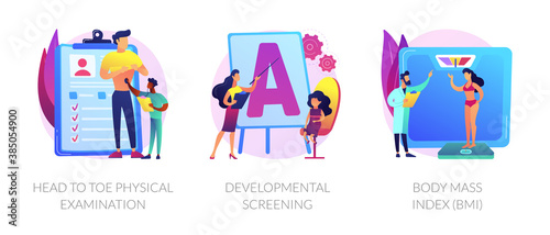 General health check up icons cartoon set. Head to toe physical examination, developmental screening, Body Mass Index BMI metaphors. Vector isolated concept metaphor illustrations.