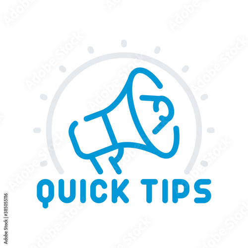Quick tips vector line icon with bullhorn. Advice and help tip with megaphone outline sign.