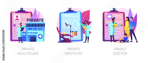Private medical services abstract concept vector illustration set. Private healthcare, dentistry, family doctor practitioner. Non-governmental general medical treatment, primary care abstract metaphor