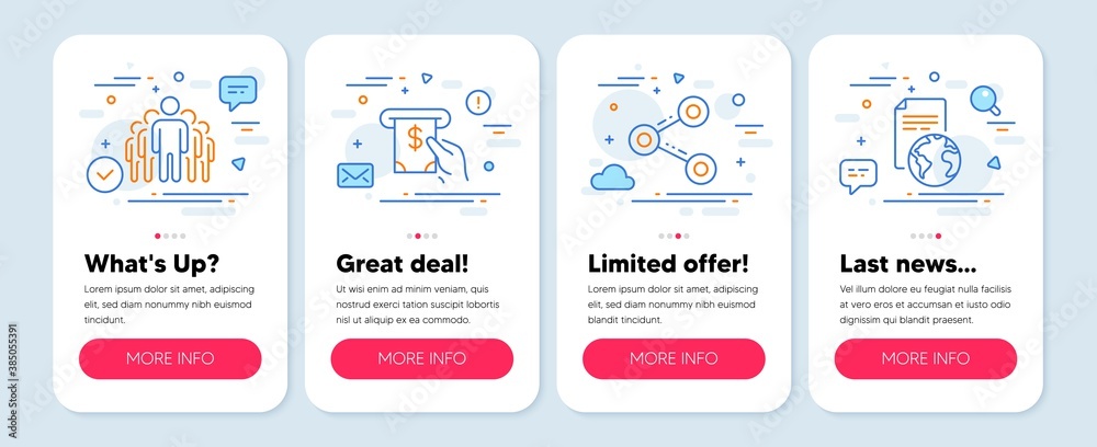 Set of Technology icons, such as Group, Share, Atm service symbols. Mobile app mockup banners. Translation service line icons. Managers, Follow network, Cash investment. Business document. Vector