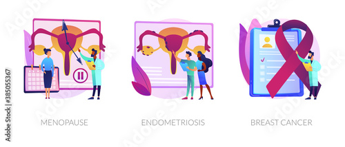 Gynecology, healthcare, female disease diagnosis. Hormone disbalance, estrogen lack. Menopause, endometriosis, breast cancer metaphors. Vector isolated concept metaphor illustrations.
