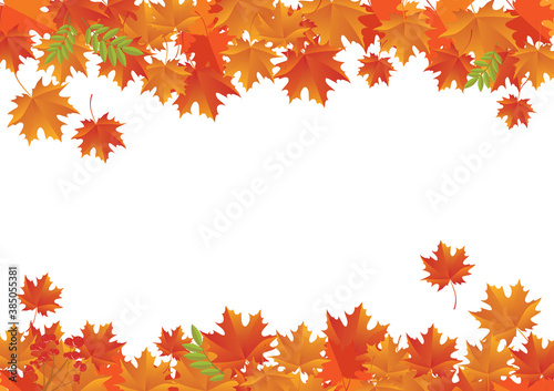 Autumn falling maple leaves decorative white frame vector. Autumn foliage leaves decoration white frame vector. Autumn border with copy space fort text. Floating red orange autumn leaves background