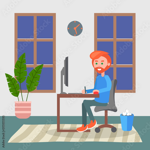 Programmer adult man sitting at table and using computer. Quarantine distance work. Freelance work at home. Effectively organizing home time. Home office. Young guy working online, freelancer