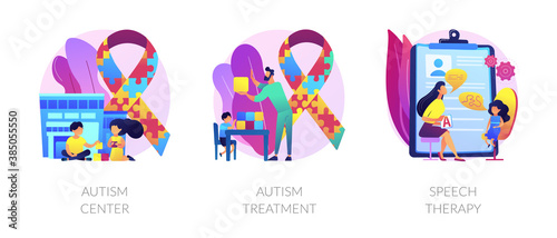Autism spectrum disorder, neuroontogenetic disease, mental development lag. Autism center, autism treatment, speech therapy metaphors. Vector isolated concept metaphor illustrations.