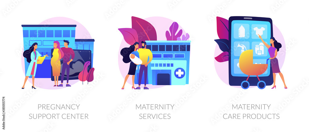 Expectant mother healthcare, safe pregnancy and childbirth. Pregnancy support center, maternity services, maternity care products metaphors. Vector isolated concept metaphor illustrations.