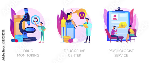 Addiction treatment, narcotic addict medication, recovery and rehabilitation. Drug monitoring, drug rehab center, psychologist service metaphors. Vector isolated concept metaphor illustrations.