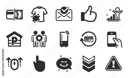 Payment methods, Winner and Hold smartphone icons simple set. Parking, Swipe up and Employees teamwork signs. Approved mail, Like and Hand click symbols. Flat icons set. Vector