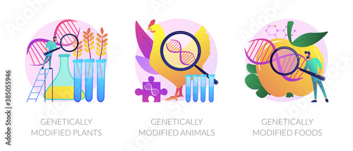 Gene modification  genetic engineering. Genetically modified plants  genetically modified animals  genetically modified foods metaphors. Vector isolated concept metaphor illustrations.