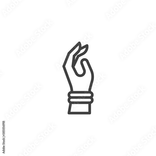 Woman hand with bracelet line icon. linear style sign for mobile concept and web design. Jewelry Bracelet outline vector icon. Symbol, logo illustration. Vector graphics