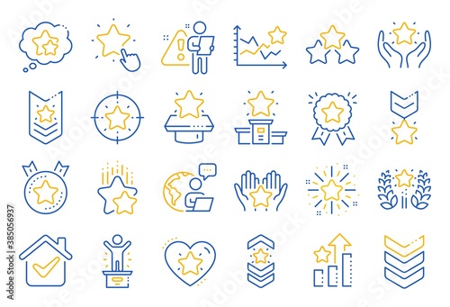 Ranking line icons. First place, star rating and winner medal. Shoulder strap, army achievement and victory ribbon icons. Star ranking, champion and winner trophy. Best level. Line icon set. Vector