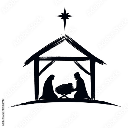Nativity scene silhouette banner design with manger cradle for baby Jesus, holiday Holly Night. Vector illustration for Christmas cut file scrapbook photo
