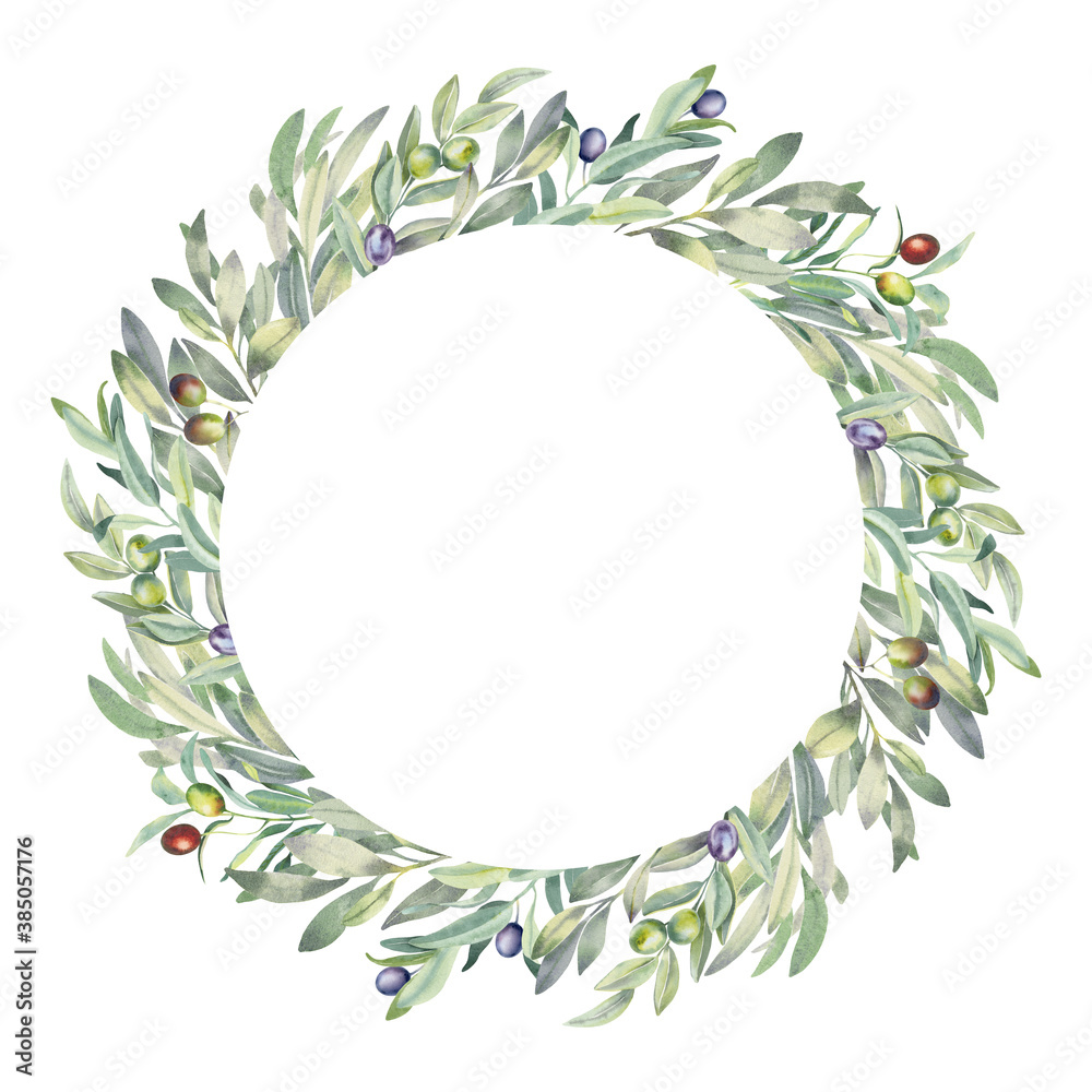 Hand paint watercolor frame with olive branches and leaves on white ...