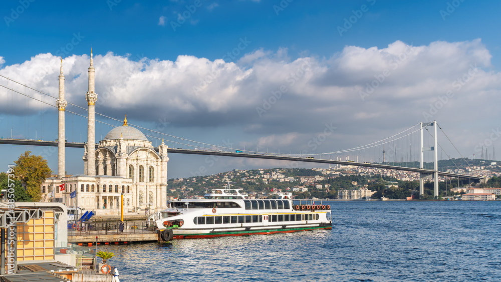 Bosphorus with Ortakoy Mosque and the Bosphorus Bridge, Istanbul, Turkey.	
