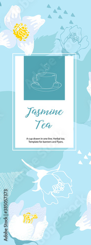 Blue background with jasmine leaves and flowers. Tea with jasmine.