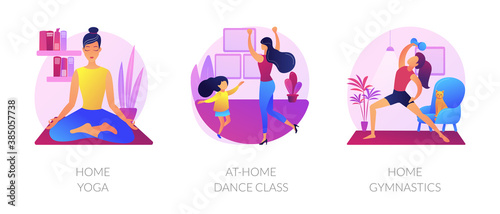 Stay active amid quarantine abstract concept vector illustration set. Home yoga, at-home dance class, home gymnastics, quarantine training, online lesson, video tutorial, workout abstract metaphor.