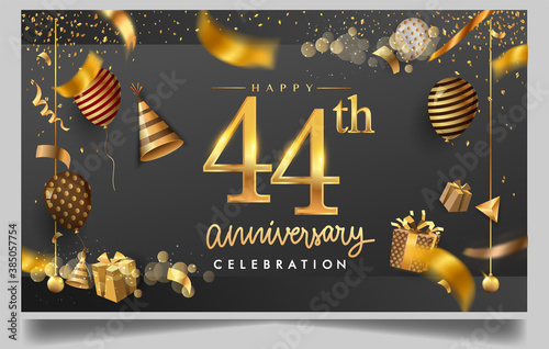 44th years anniversary design for greeting cards and invitation, with balloon, confetti and gift box, elegant design with gold and dark color, design template for birthday celebration. photo