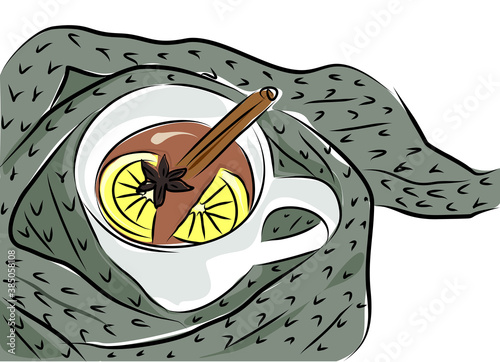Fashionable vector illustration. Image of a cup of hot tea with lemon and a cinnamon stick. The white cup is wrapped in a long hand-knitted woolen scarf. The sketch shows how to keep warm on cold days