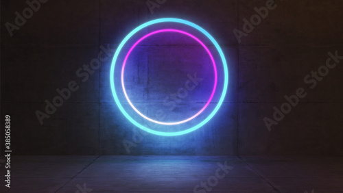 concrete floor product platform and neon circular rings on concrete wall 3D rendering
