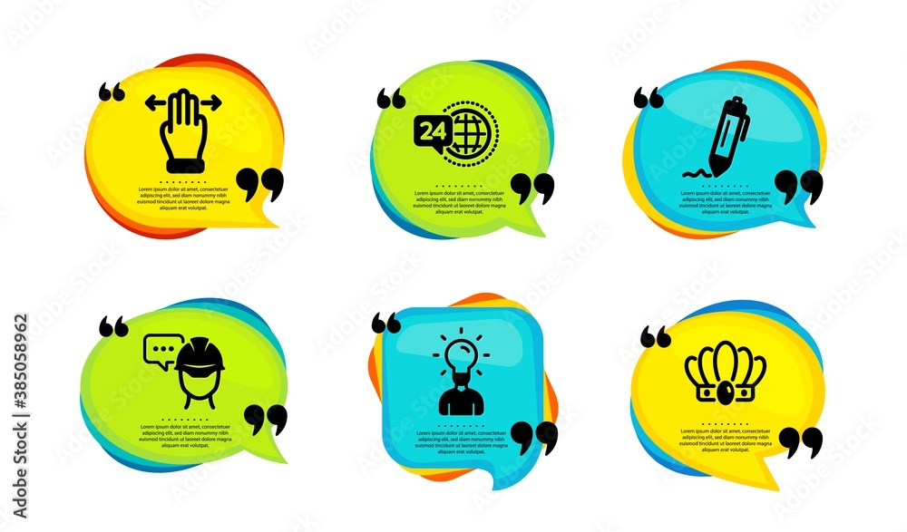 Signature, Multitasking gesture and 24h service icons simple set. Speech bubble with quotes. Foreman, Education and Crown signs. Written pen, Swipe, Call support. Vector