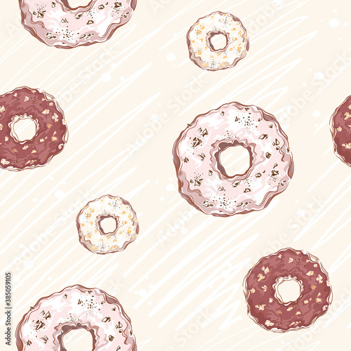 Seamless vector pattern with sweet donuts in multicolored glaze. Desserts and sweets. Hand-sketching background.