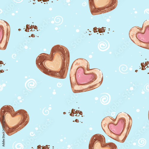 Vector seamless pattern with cookies and hearts on a blue background with hand-made elements. Desserts and sweets. Hand drawn sketchy background.