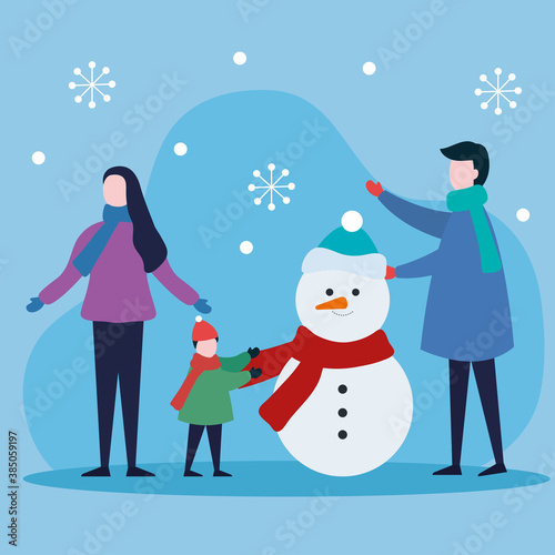 merry christmas mother father and boy kid with snowman design, winter season and decoration theme Vector illustration © Gstudio