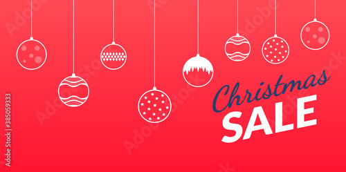 Christmas sale concept, big new year discounts. Vector banners for advertising, social networks, the Internet. White linear toys, decorations in a minimalistic flat style on a red background.