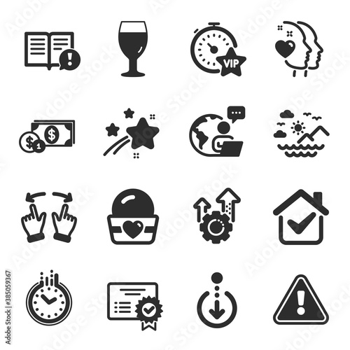 Set of Business icons, such as Move gesture, Sea mountains, Certificate symbols. Seo gear, Dollar money, Scroll down signs. Time, Vip timer, Ice cream. Facts, Heart, Beer glass flat icons. Vector