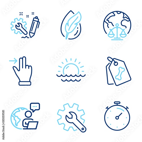 Business icons set. Included icon as Magistrates court, Touchscreen gesture, Timer signs. Sunset, Engineering, Hypoallergenic tested symbols. Pet tags, Customisation line icons. Line icons set. Vector