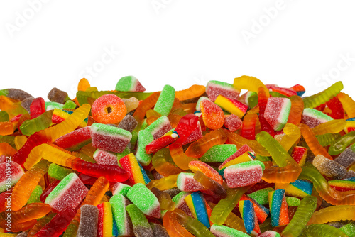 Assorted gummy candies. Top view. Jelly sweets background.