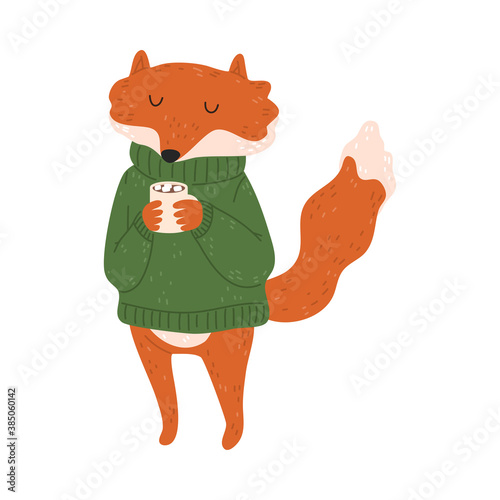 Happy red fox standing and drinking hot cocoa with marshmello