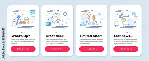 Set of Business icons, such as Select user, Ab testing, Household service symbols. Mobile screen banners. Communication line icons. Head with checkbox, Test chart, Cleaning equipment. Vector