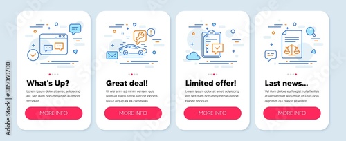 Set of Business icons, such as Car service, Browser window, Checklist symbols. Mobile screen app banners. Legal documents line icons. Repair service, Website chat, Survey. Justice scale. Vector
