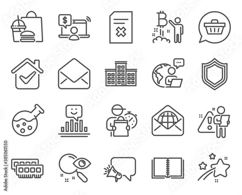 Technology icons set. Included icon as Search, Online shopping, Chemistry lab signs. Company, Bitcoin project, Shopping cart symbols. Delete file, Security, Book. Ram, Smile, Megaphone. Vector