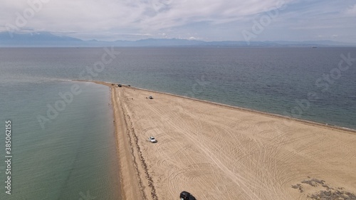 Drone photo over an amazing tropical beach in Epanomi, Chalkidiki, Greece photo