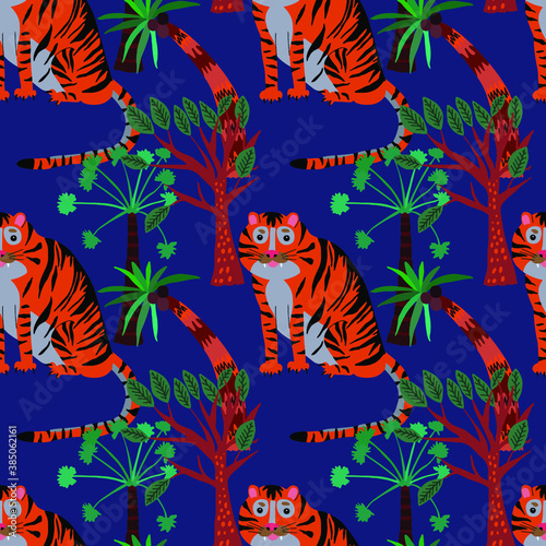 Creative seamless pattern with tiger in tropical forest. Bright summer print for any purposes. Trendy style.
