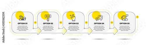 Cleaning service, Employee benefits and Touchscreen gesture line icons set. Timeline process flowchart. Like sign. Bucket with mop, Salary man, Slide left. Star rating. People set. Vector