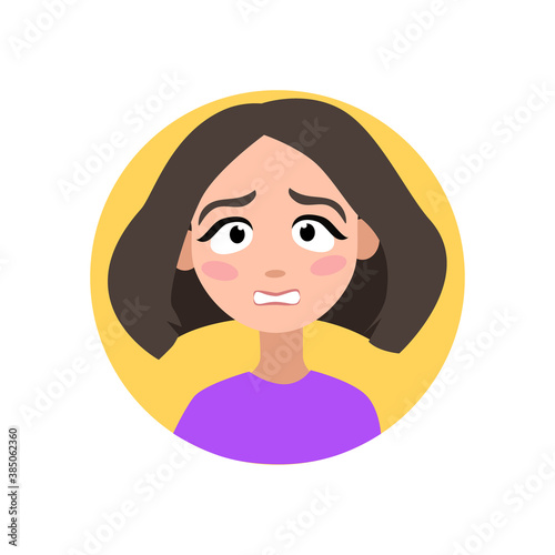 Female user profile. Avatar is a woman. A character for a screen saver with emotions. For website and mobile app design. Vector illustration on a white isolated background.